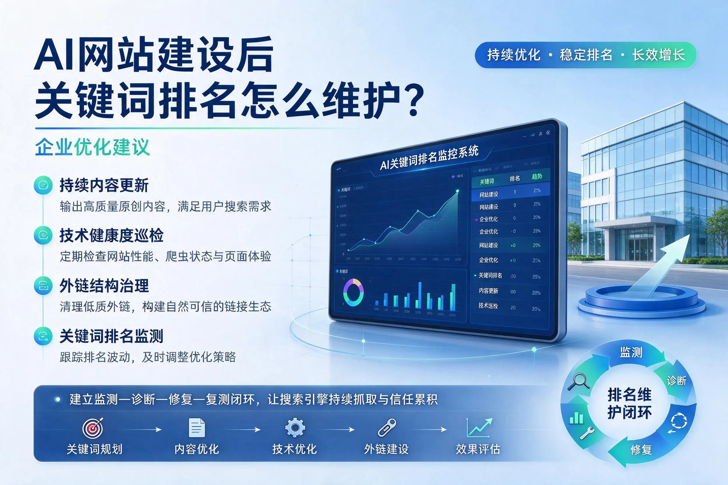 AI网站建设后关键词排名怎么维护?新疆企业优化建议