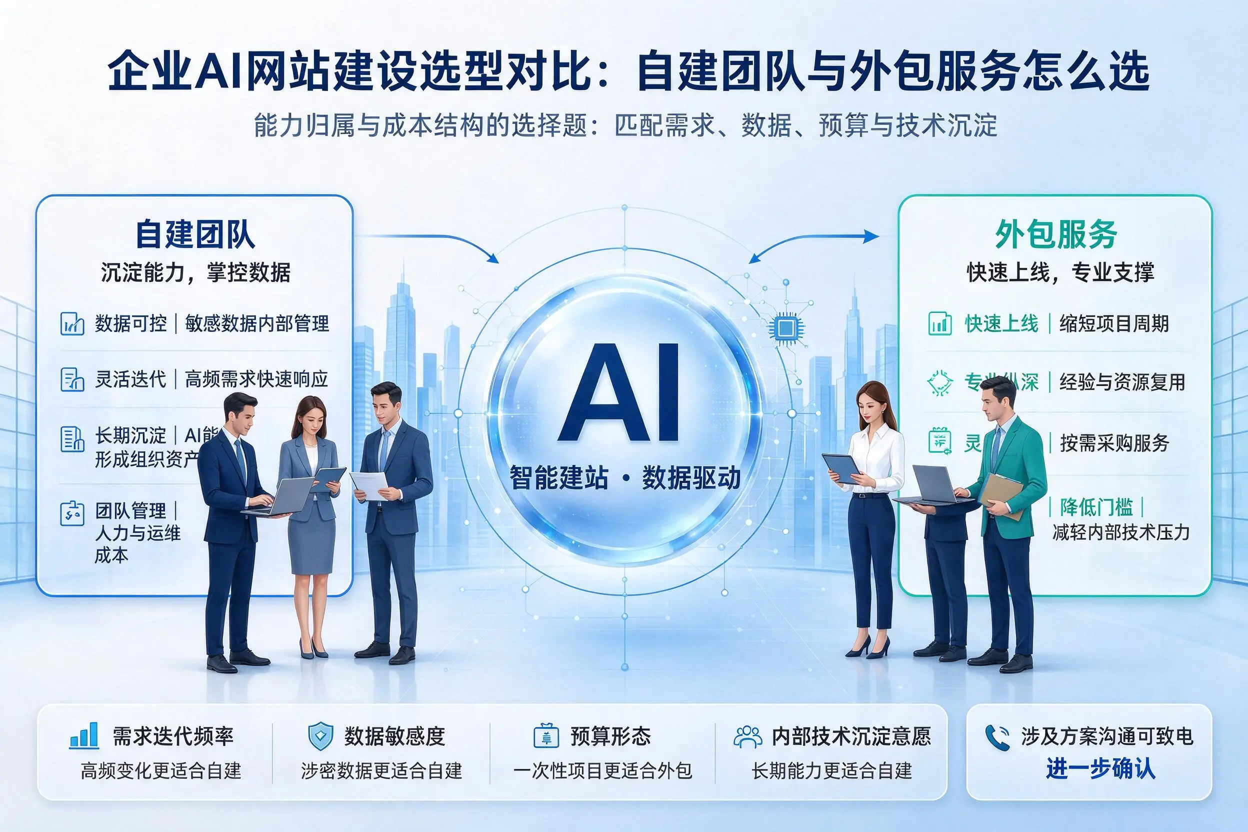 新疆企业AI网站建设选型对比:自建团队与外包服务怎么选